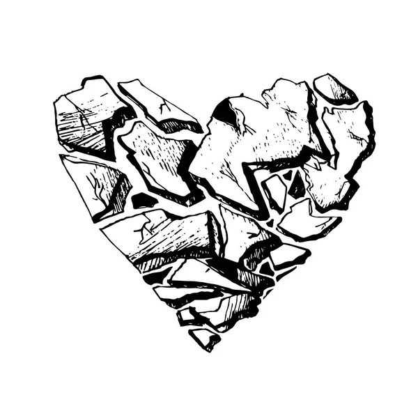 Μονόχρωμη Ραγισμένη Καρδιά Πένα Και Μελάνι Σχέδιο Στυλ Εικονογράφηση Λευκό — Διανυσματικό Αρχείο