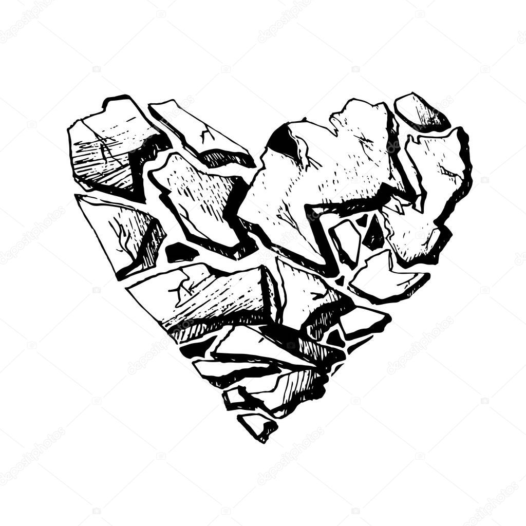 Monochrome broken heart with pen and ink drawing illustration style on white background