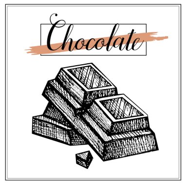 Elle çizilmiş kroki çikolata. Parçalar halinde, kırık el çekilmiş çikolata iştah açıcı gerçekçi çizim. choco bar beyaz arka plan üzerinde gösterimi.