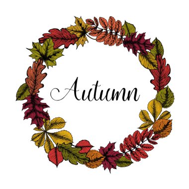 Elle çizilmiş yaprak çelengi. 