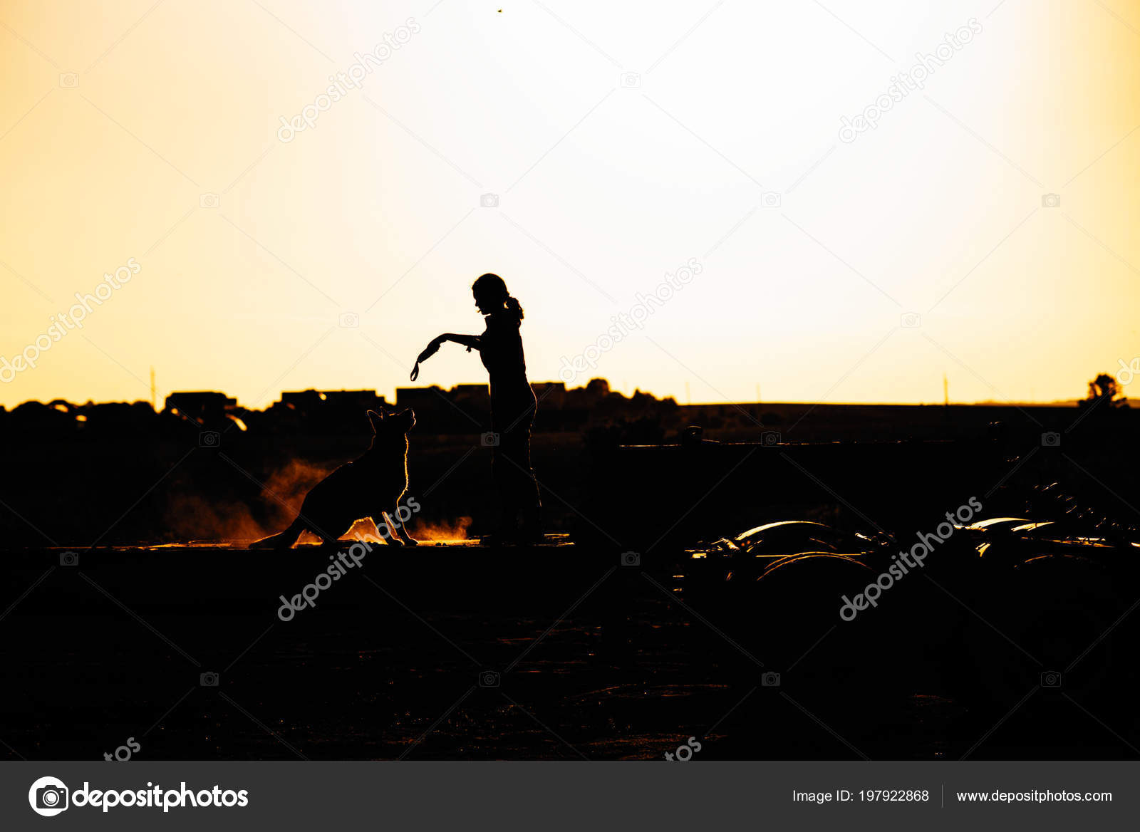 Girl Sitting Huge Trailer Sunset Her Dog Next Door Stock