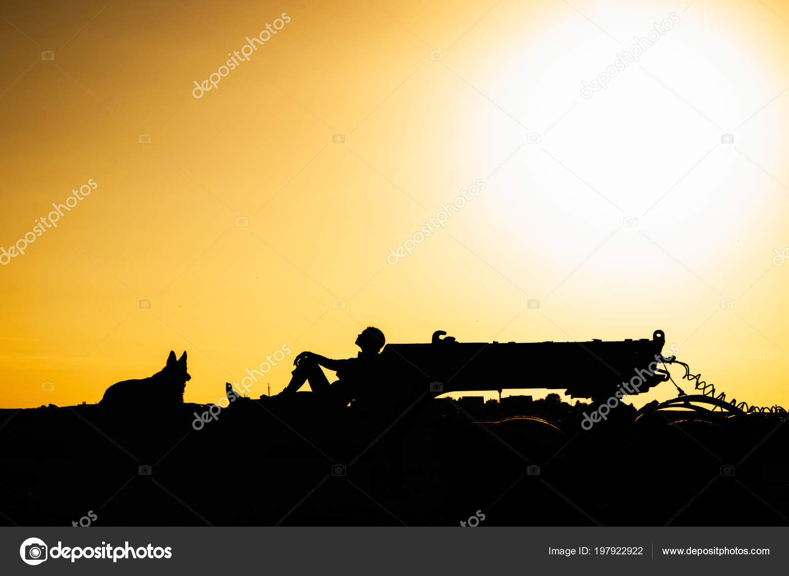 Girl Sitting Huge Trailer Sunset Her Dog Next Door Stock