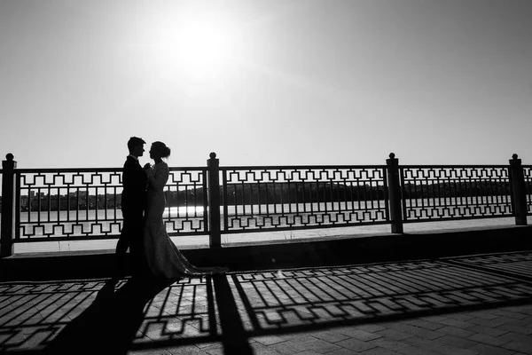 湖の背景に街を歩く若い 交感神経のカップル — ストック写真