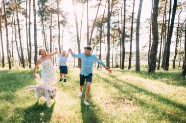 Şirin bir aile - anne, baba ve oğlu eğlenceli harcamak zaman açık havada ile onların köpek.
