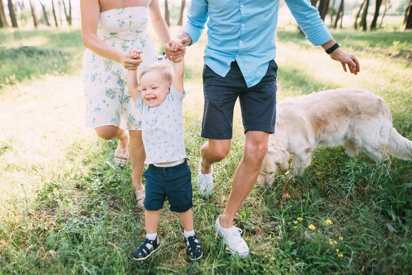 Cute Family Mom Dad Son Spend Fun Time Outdoors Dog — Stock Photo, Image