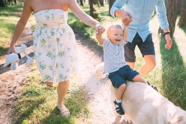 Cute Family Mom Dad Son Spend Fun Time Outdoors Dog — Stock Photo, Image