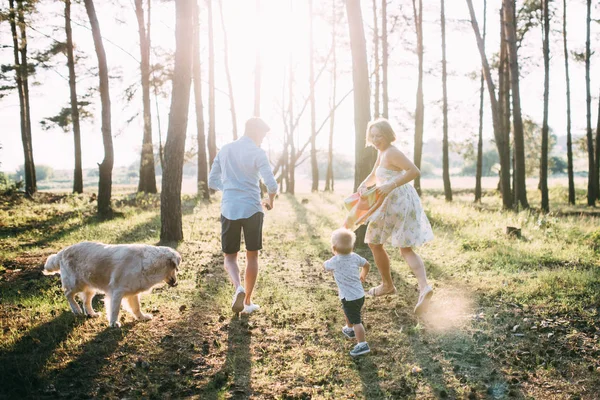 Cute Family Mom Dad Son Spend Fun Time Outdoors Dog — Stock Photo, Image
