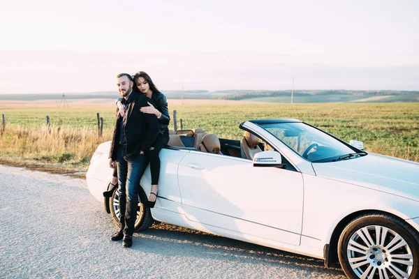 Sympathetic Couple Husband Wife Spend Time City Sitting Car Hood — Stock Photo, Image