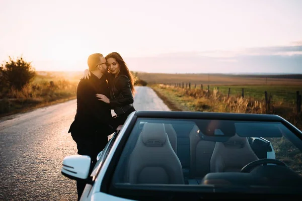 Sympathetic Couple Husband Wife Spend Time City Sitting Car Hood — Stock Photo, Image