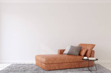 Modern oturma odası iç deri kanepe ile. 3D render.