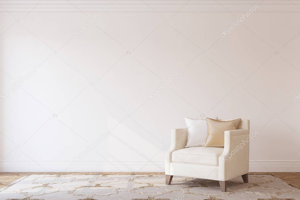 Interior with beige armchair near white wall. Interior mockup. 3d render.