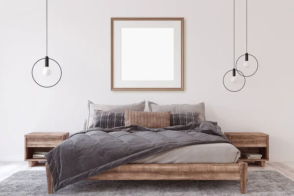 Interior Frame Mockup Wooden Bedroom Render — Stock Photo, Image