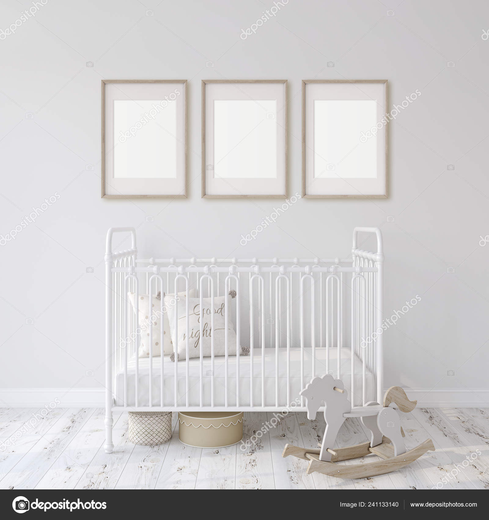 Download Farmhouse Nursery White Metal Crib White Wall Three Wooden Frames Stock Photo C Poligonchik 241133140 Yellowimages Mockups