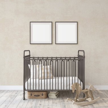 Çiftlik çocuk odası. Siyah metal beşik beyaz duvarının yakınında. Duvardaki iki siyah çerçeve. İç ve çerçeve mockup. 3D render.