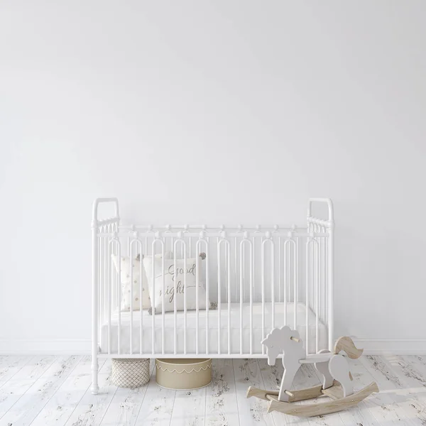 农舍托儿所 白色金属婴儿床附近的空白色墙壁附近 内部模型 — 图库照片