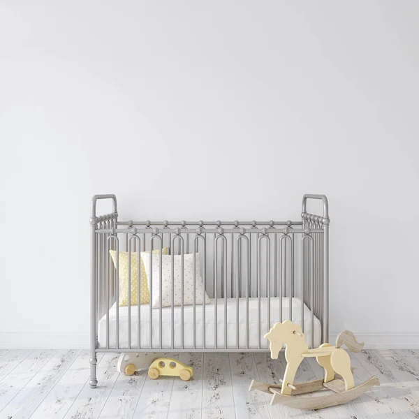 Farmhouse Nursery Gray Metal Crib Empty White Wall Interior Mock — Stock Photo, Image