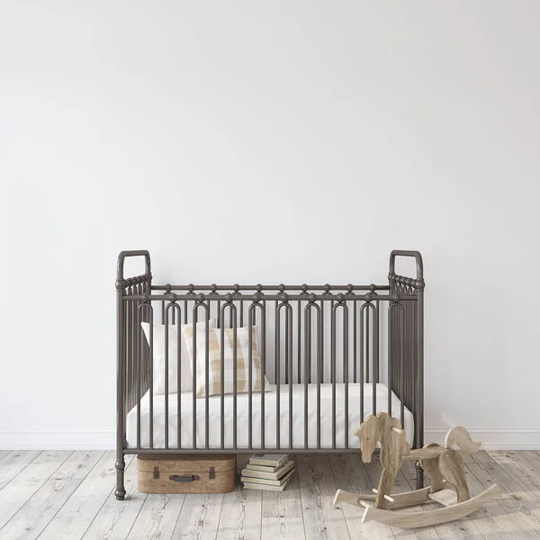 农舍托儿所 黑色金属婴儿床附近的空白色墙壁 内部模型 — 图库照片