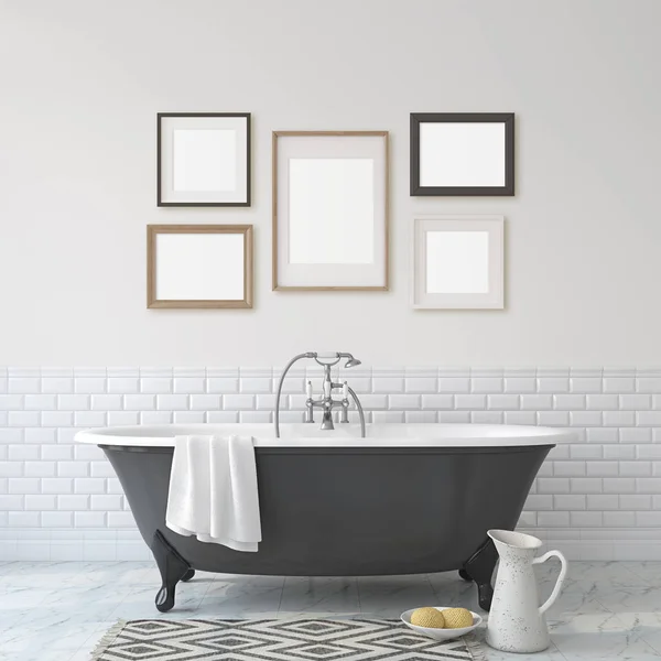 ロマンスのバスルーム 白い壁の近く黒い浴室 つの異なるフレーム インテリアとフレームのモックアップ のレンダリング — ストック写真