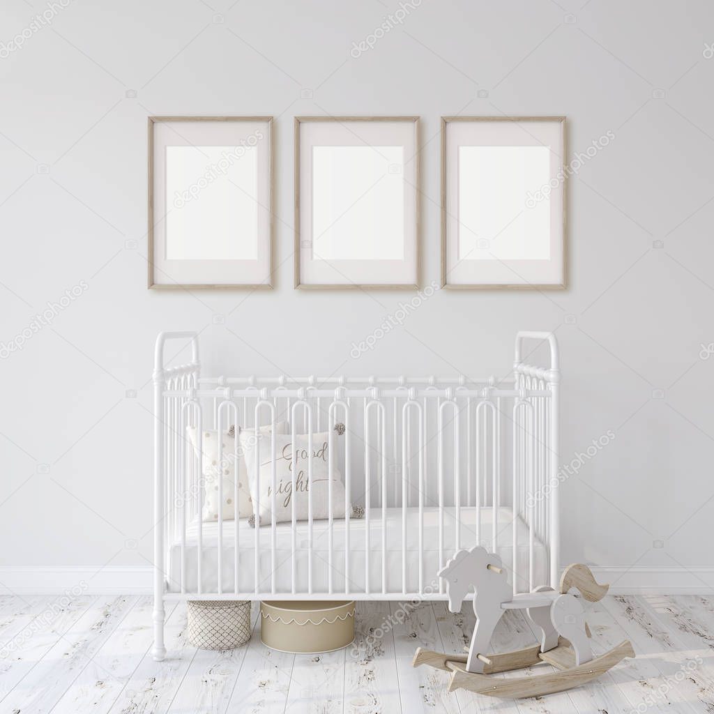 Farmhouse nursery. White metal crib near white wall. Three wooden frames on the wall. Interior and frame mockup. 3d rendering.