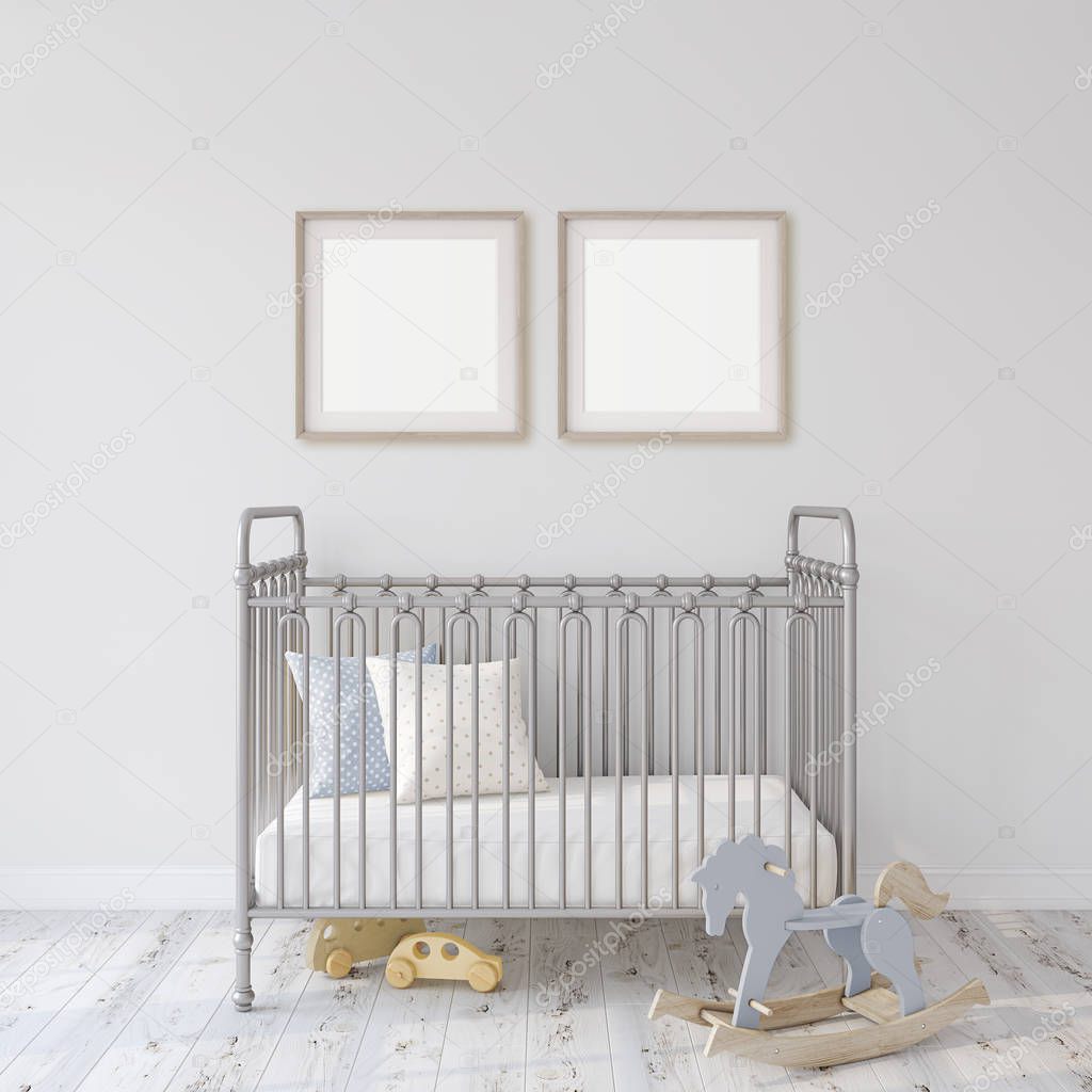 Farmhouse nursery. Gray metal crib near white wall. Two square wooden frames on the wall. Interior and frame mock-up. 3d rendering.