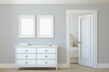 Modern koridor. Beyaz şifonyerin gri duvarının yakınında. Çerçeve mockup. Duvardaki iki beyaz çerçeve. 3D render.