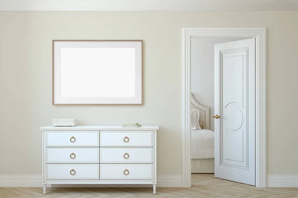 Modern Hallway White Dresser Beige Wall Frame Mockup Wooden Frame — Stock Photo, Image