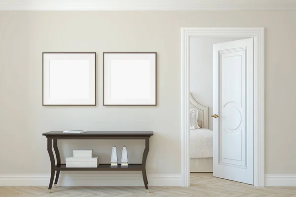 Interiör Och Ram Mockup Konsolbord Nära Beige Wall Två Kvadratiska — Stockfoto