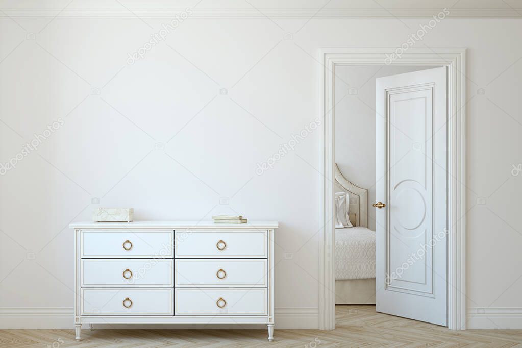 Interior mockup. White dresser near empty white wall. 3d rendering.