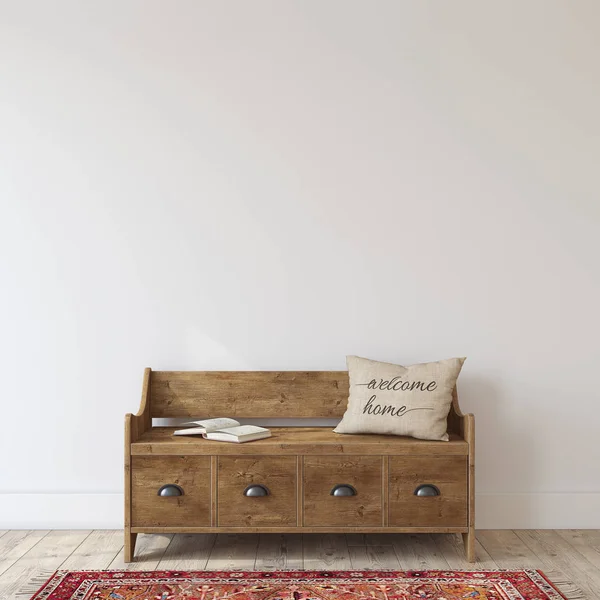 Farmhouse Entryway Wooden Bench White Wall Interior Mockup Render — Stock Photo, Image