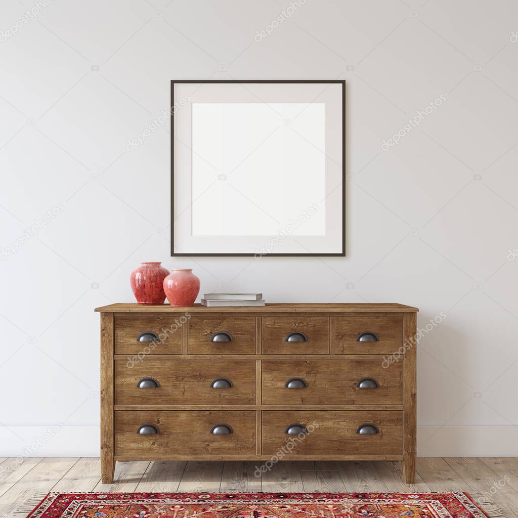 Farmhouse entryway. Wooden dresser near white wall. Frame mockup. Black square frame on the wall. 3d render.