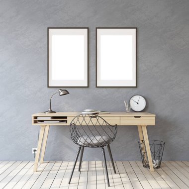 Ev ofisinin içi. Çerçeve maket. 3d render.