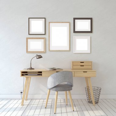 Ev ofisinin içi. Çerçeve maket. 3d render.