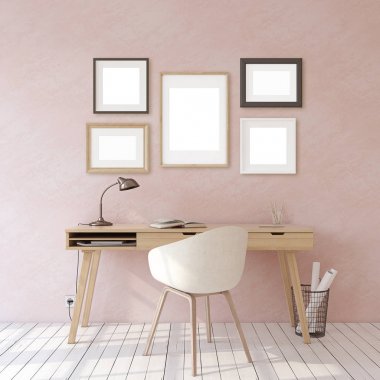 Ev ofisinin içi. Çerçeve maket. 3d render.