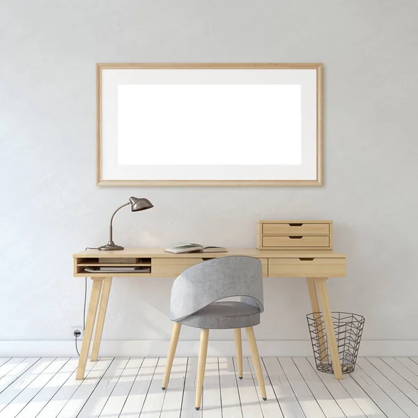 Thuiskantoor interieur. Frame mockup. 3D renderen. — Stockfoto