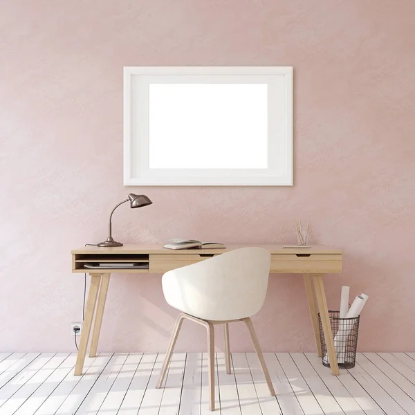 Thuiskantoor interieur. Frame mockup. 3D renderen. — Stockfoto