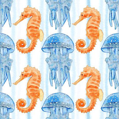 Sorunsuz suluboya deniz atı ve denizanası desen 