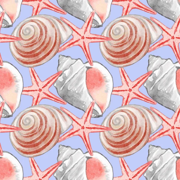 Seamless Watercolor Sea Shells Pattern