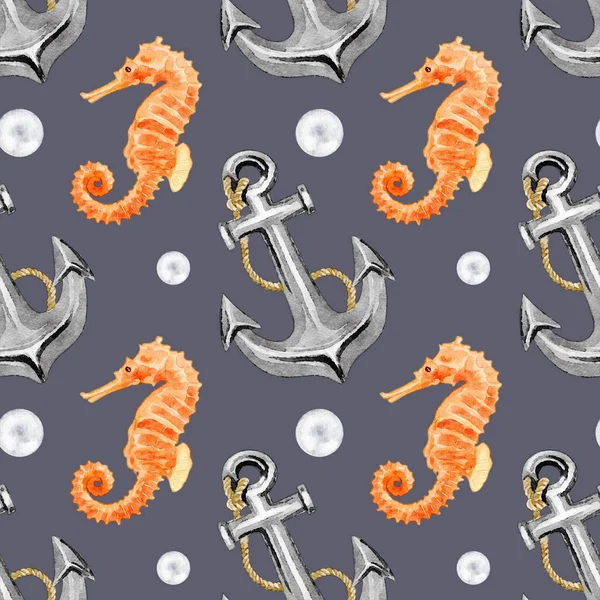 Ancore Acquerello Senza Soluzione Continuità Con Sea Horses Pattern — Foto Stock