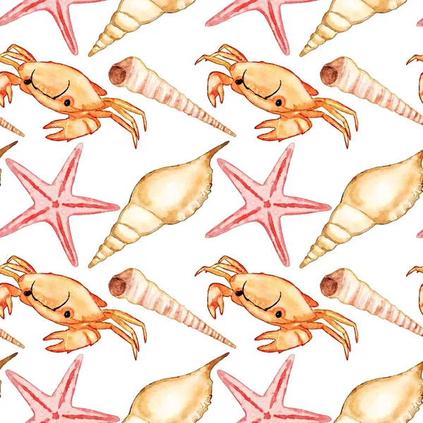 Seamless Watercolor Pattern With Crab, Sea Star and Shells