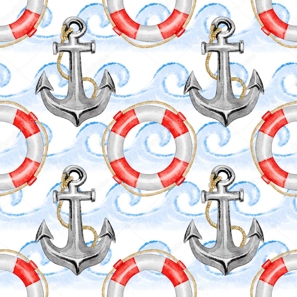 Seamless Watercolor Anchor And Lifeline Pattern