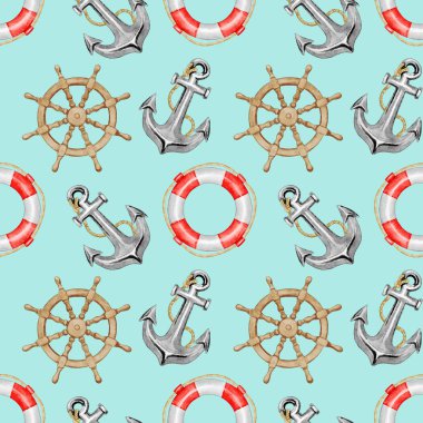 Sorunsuz suluboya dümen, hayat şamandıra ve çapa desen