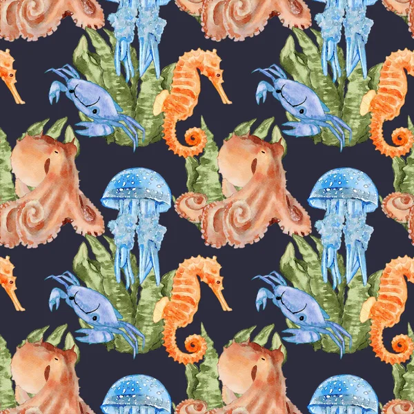 Seamless Watercolor Octopus, Jellyfish and Sea Horse Pattern