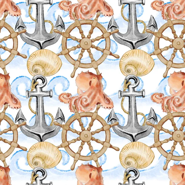 Naadloze Aquarel Octopus Anker Zee Wiel Patroon — Stockfoto