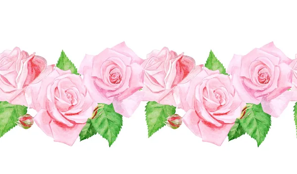 Bezszwowe Akwarela Róże Różowy Wzór — Zdjęcie stockowe