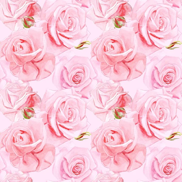 无缝水彩粉色玫瑰图案 — 图库照片