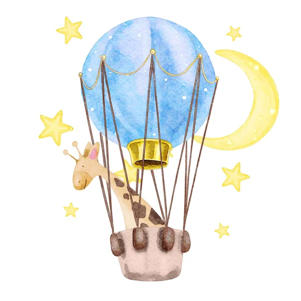 Aquarel Giraffe Hete Lucht Ballon Illustratie — Stockfoto