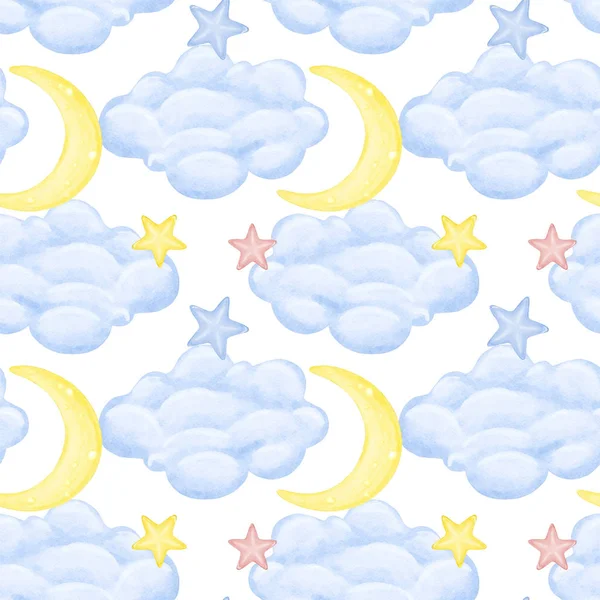 Seamless Watercolor Sky Stars Clouds Pattern — Stock Photo, Image