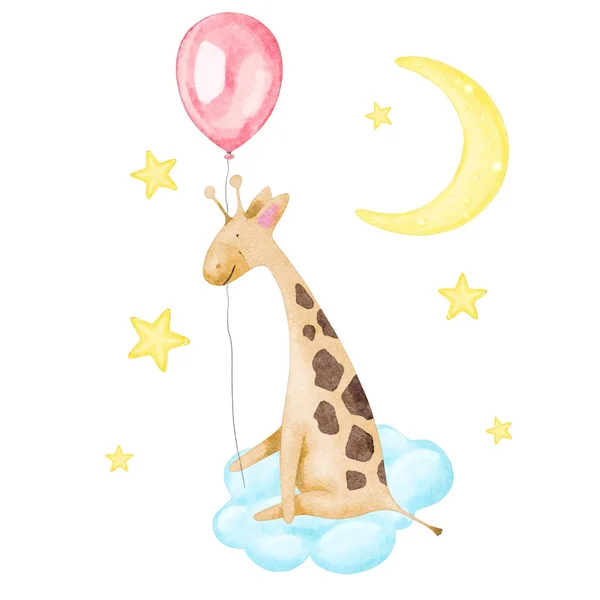 Akwarela Dla Dzieci Żyrafa Ilustracje Niebo — Zdjęcie stockowe