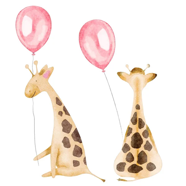 水彩儿童长颈鹿气球插图 — 图库照片