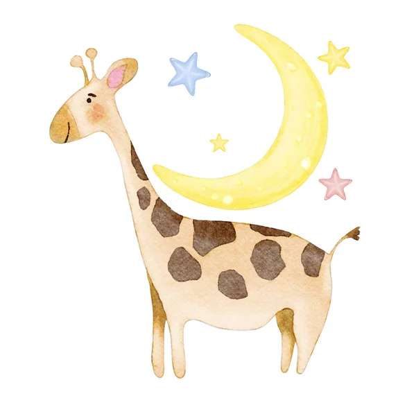 水彩儿童长颈鹿和天空插图 — 图库照片